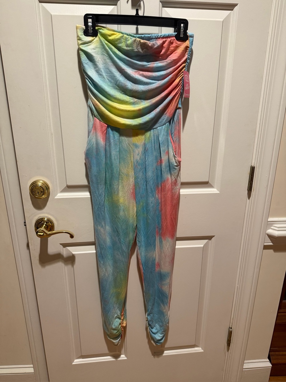 NWT Tie-Dye Strapless Jumpsuit in Pastel Blue, Pink & Yellow Sz Med